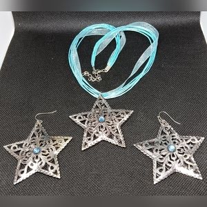 HANDMADE Western Cowgirl Silver & Blue Star Necklace & Earrings Jewelry Set